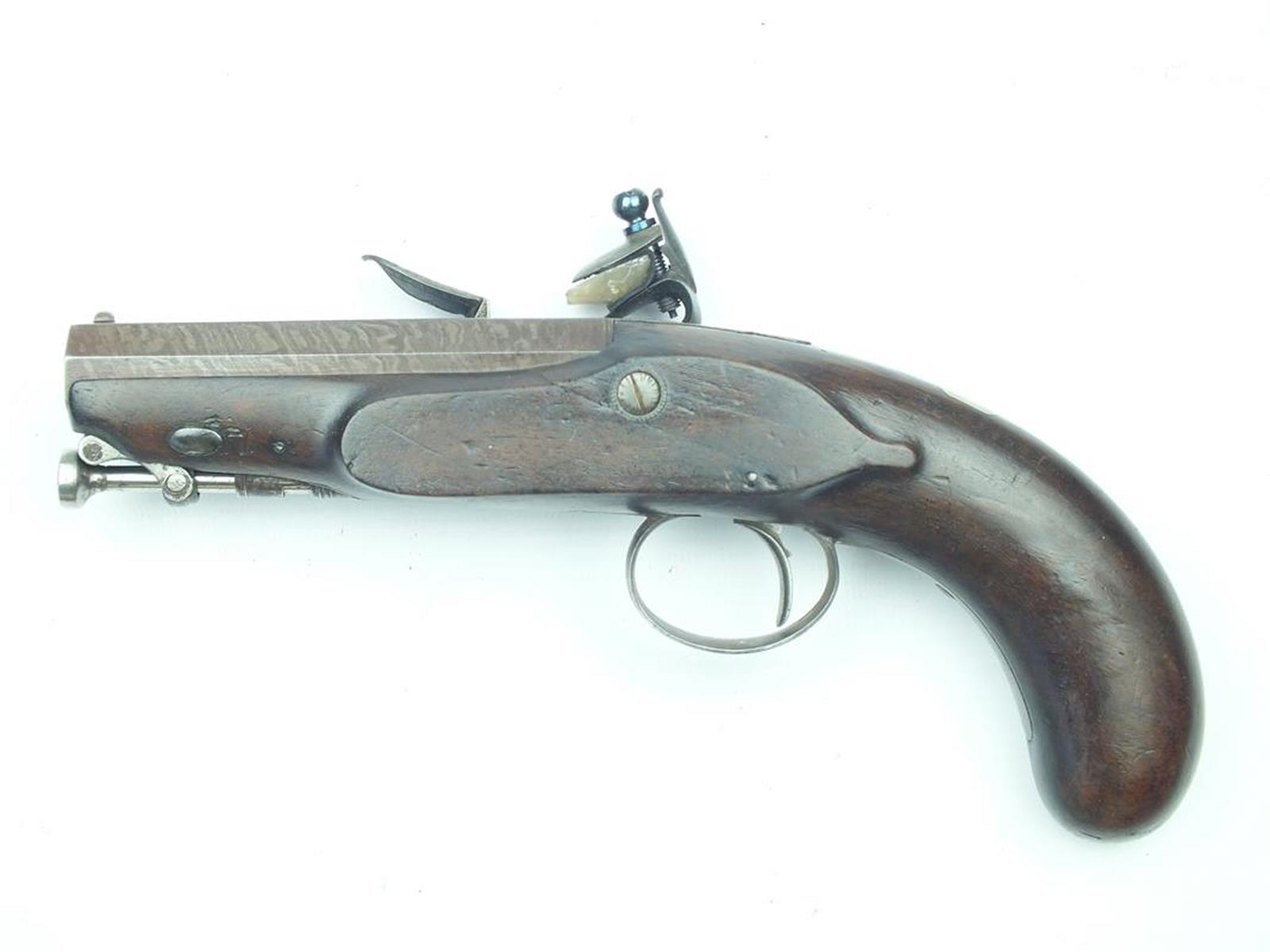 A flintlock travelling pistol by Durs Egg, 4 inch sighted octagonal browned damascus barrel signed - Image 2 of 9