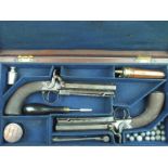 A cased pair of 32-bore percussion boxlock belt pistols, 4.25inch sighted octagonal barrels with