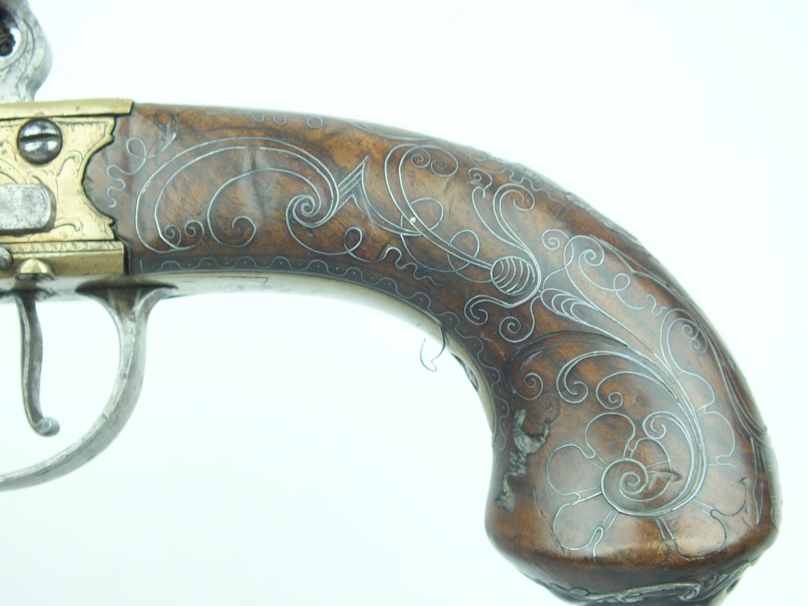 A fine pair of brass 54-bore flintlock Queen Anne double barrelled silver mounted coaching pistols - Image 13 of 13