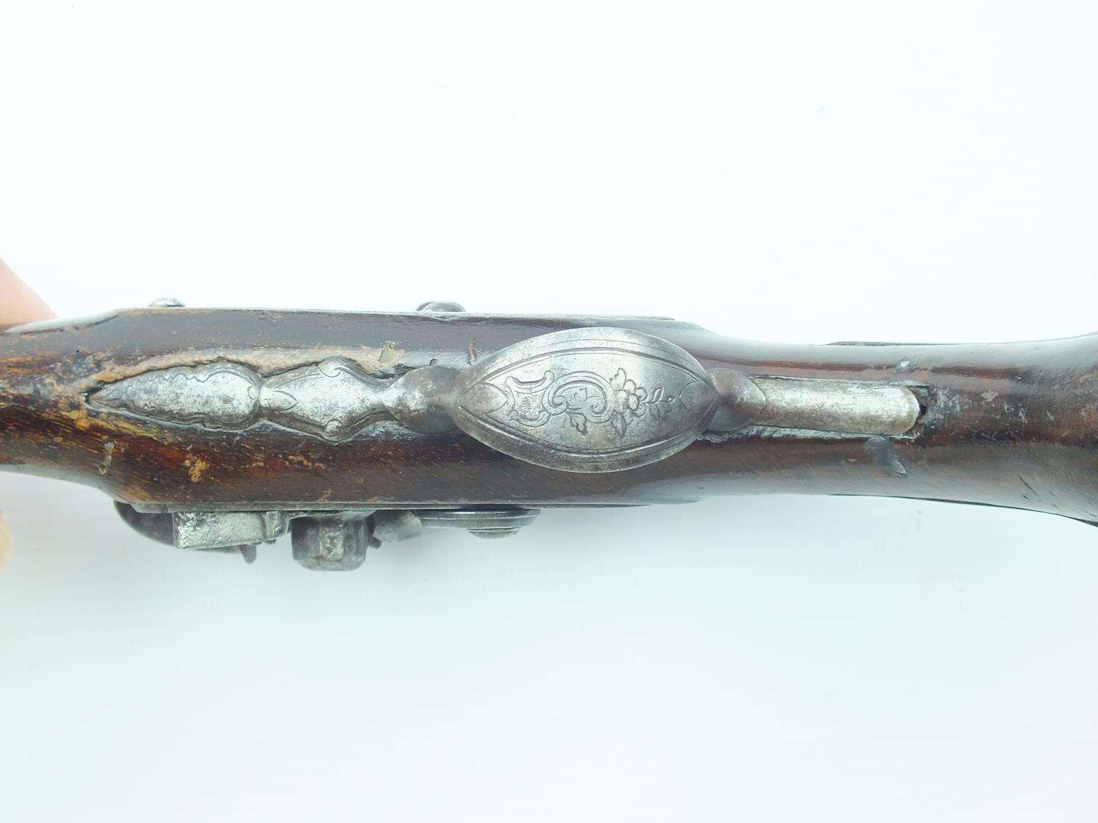 A flintlock travelling pistol by Harvey, 6inch sighted octagonal barrel, signed stepped lock with - Image 6 of 14