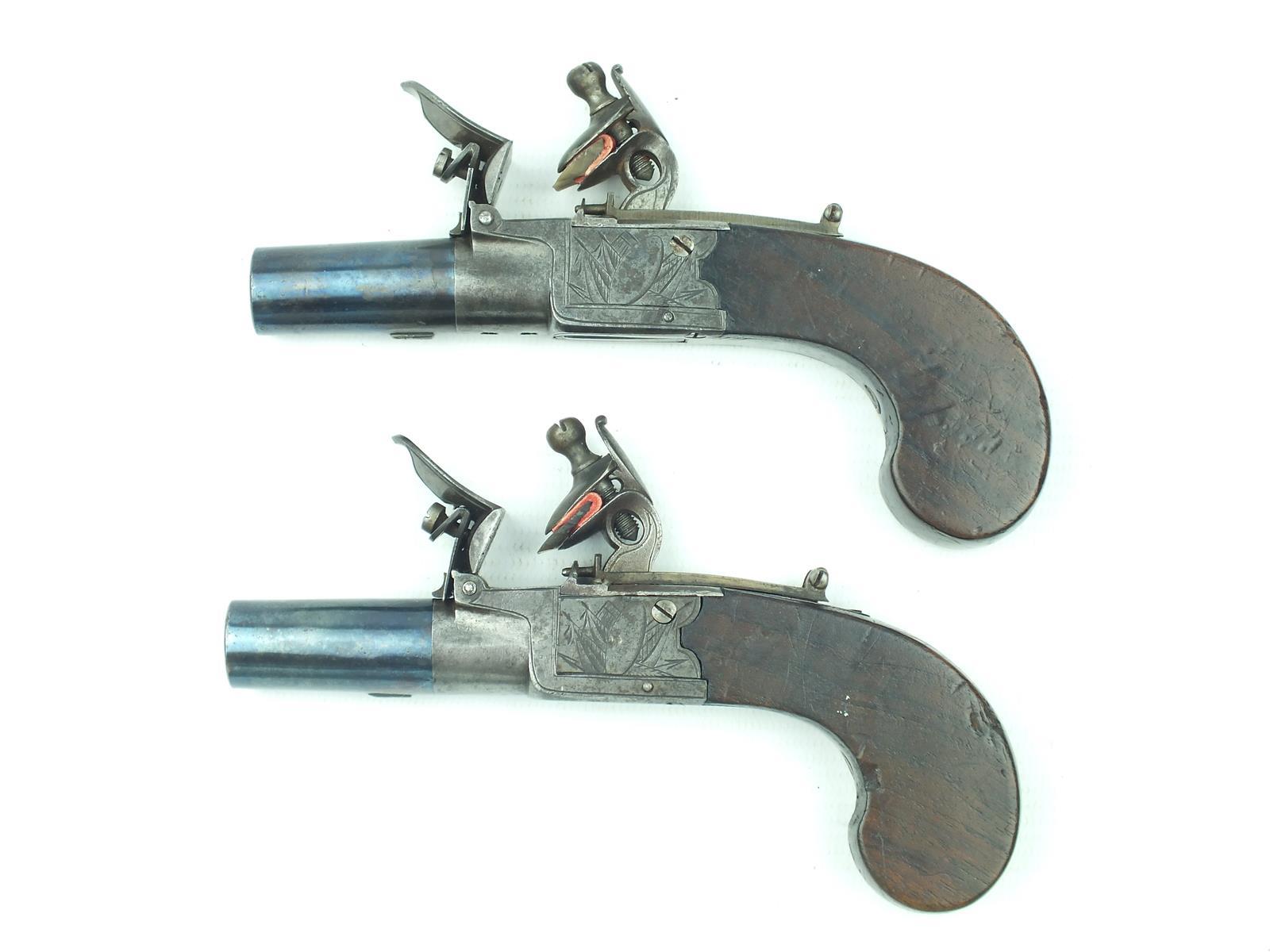 A pair of 54-bore flintlock boxlock pocket pistols, 1.5inch turn-off blued barrels, border - Image 2 of 15