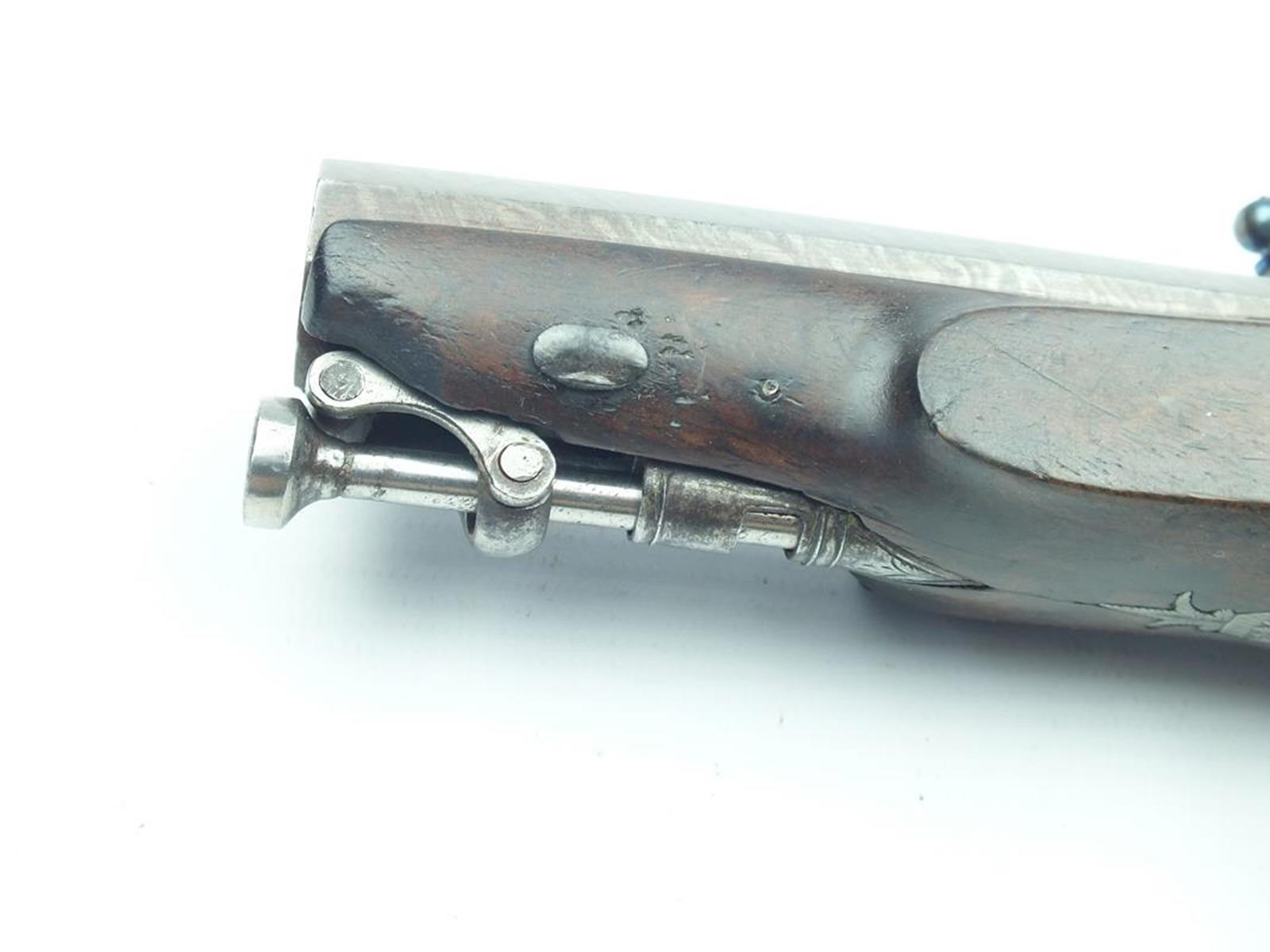 A flintlock travelling pistol by Durs Egg, 4 inch sighted octagonal browned damascus barrel signed - Image 3 of 9