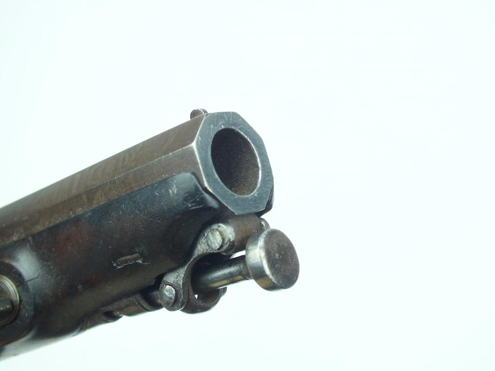 A flintlock travelling pistol by Durs Egg, 4 inch sighted octagonal browned damascus barrel signed - Image 9 of 9