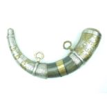 A 19th Century Moroccan powder horn, the polished horn body with overlaid brass and white metal