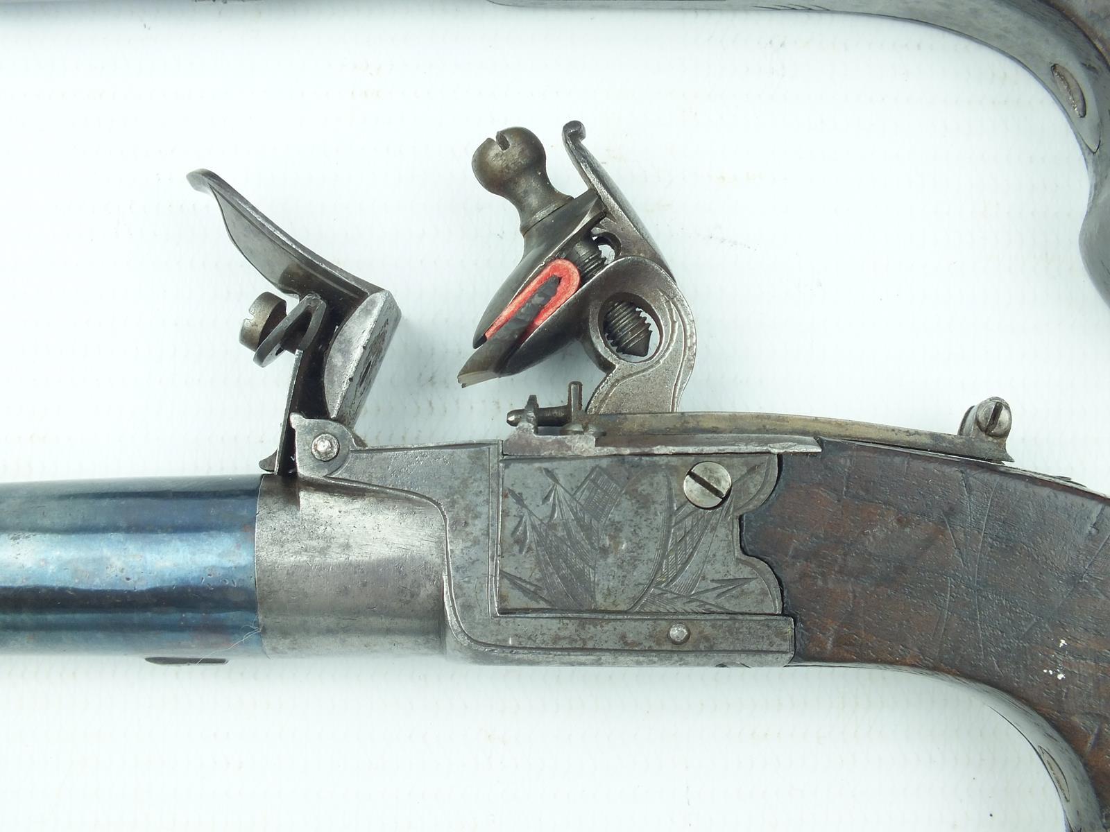 A pair of 54-bore flintlock boxlock pocket pistols, 1.5inch turn-off blued barrels, border - Image 4 of 15