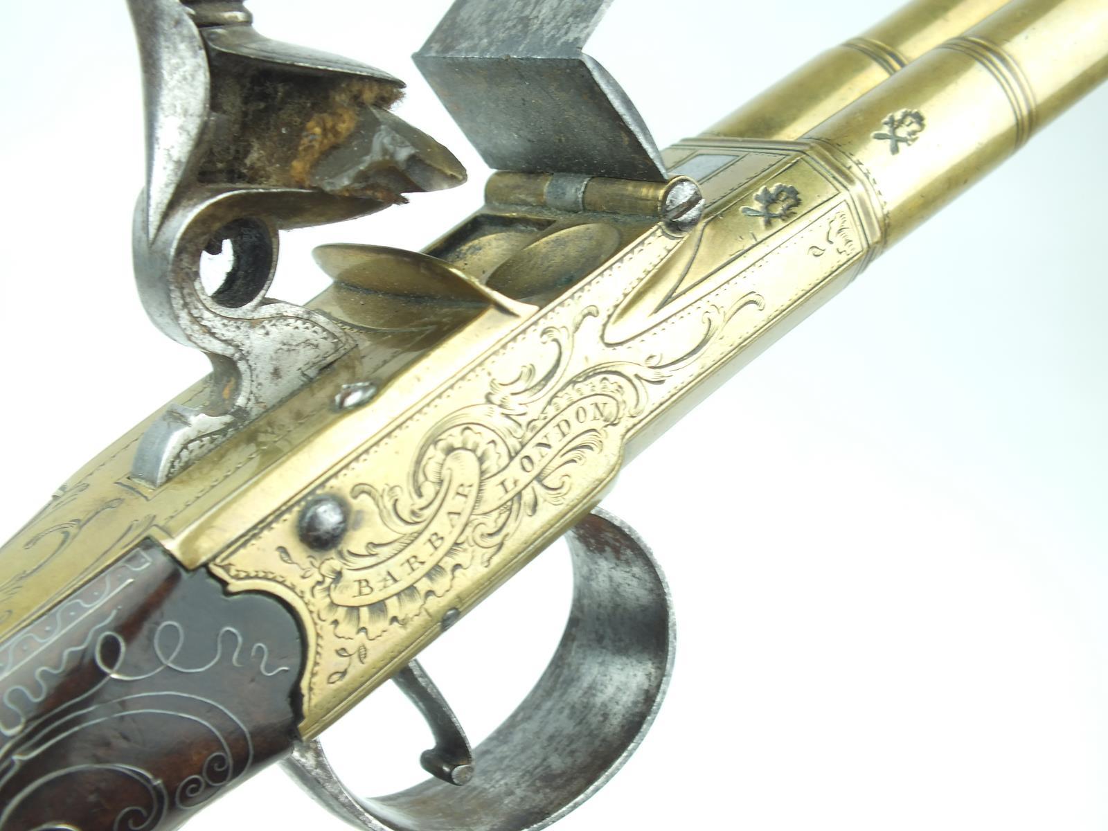 A fine pair of brass 54-bore flintlock Queen Anne double barrelled silver mounted coaching pistols - Image 8 of 13