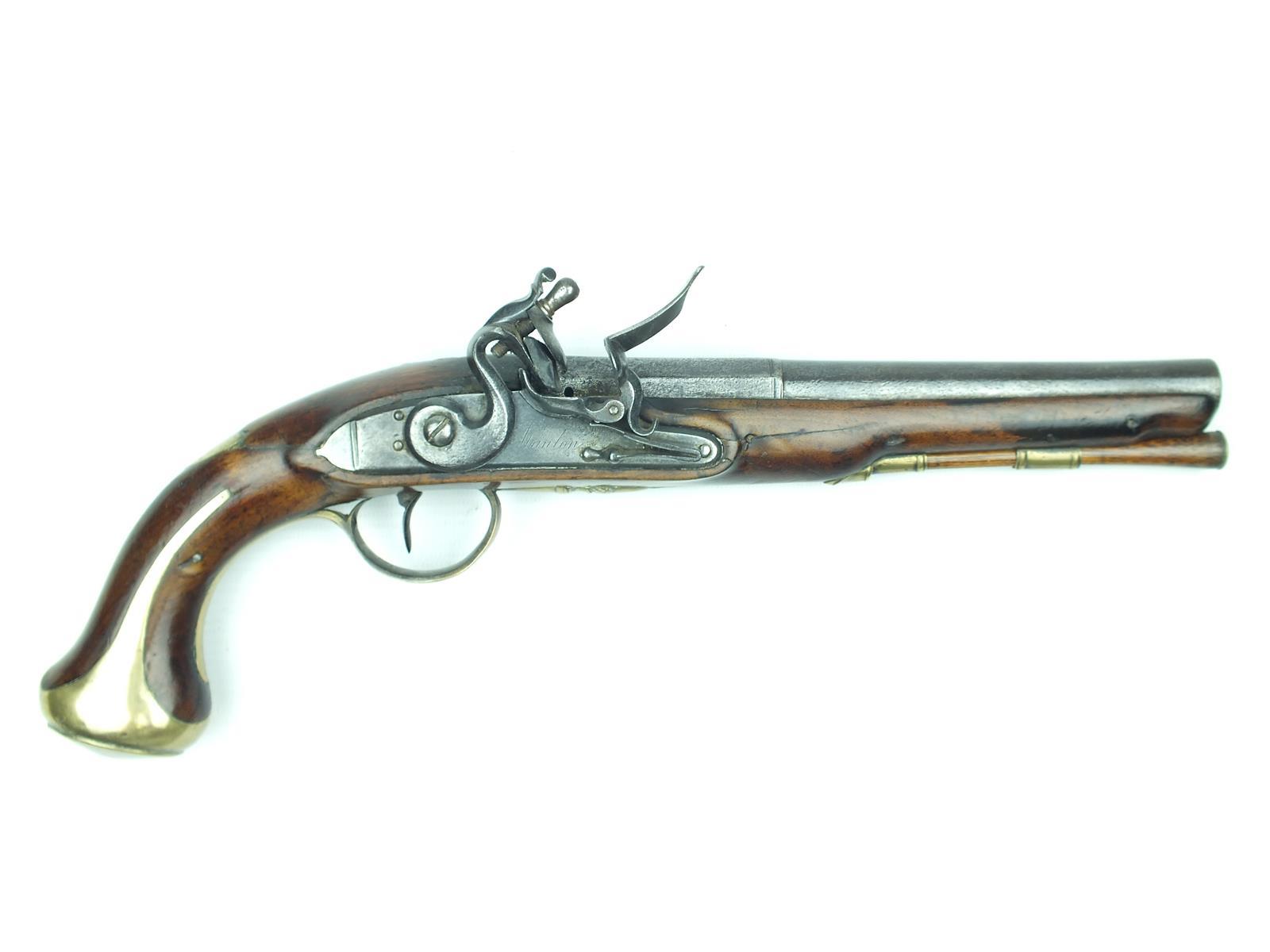 A 22-bore flintlock Livery pistol by Manton, 8inch two-stage slightly swamped barrel, stepped lock