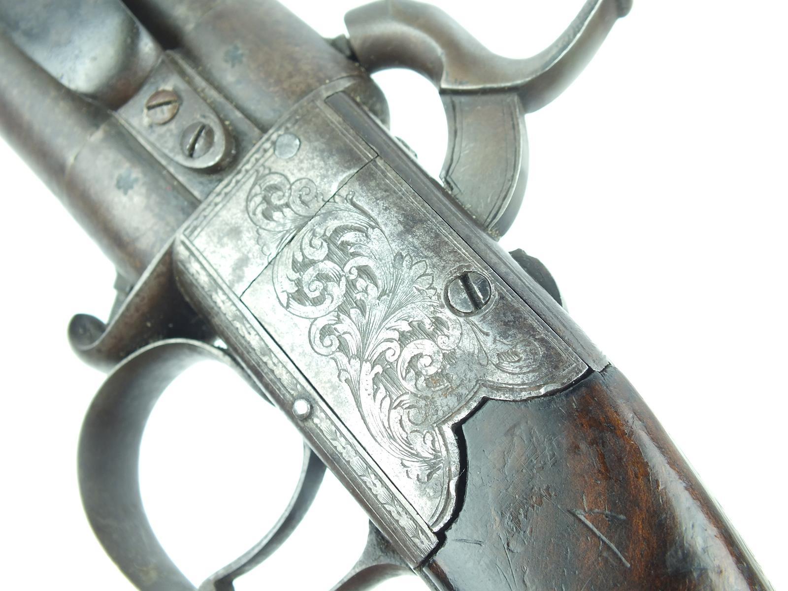 A 40-bore double barrelled percussion turnover belt pistol, 5inch barrels with scalloped engraving - Image 4 of 10