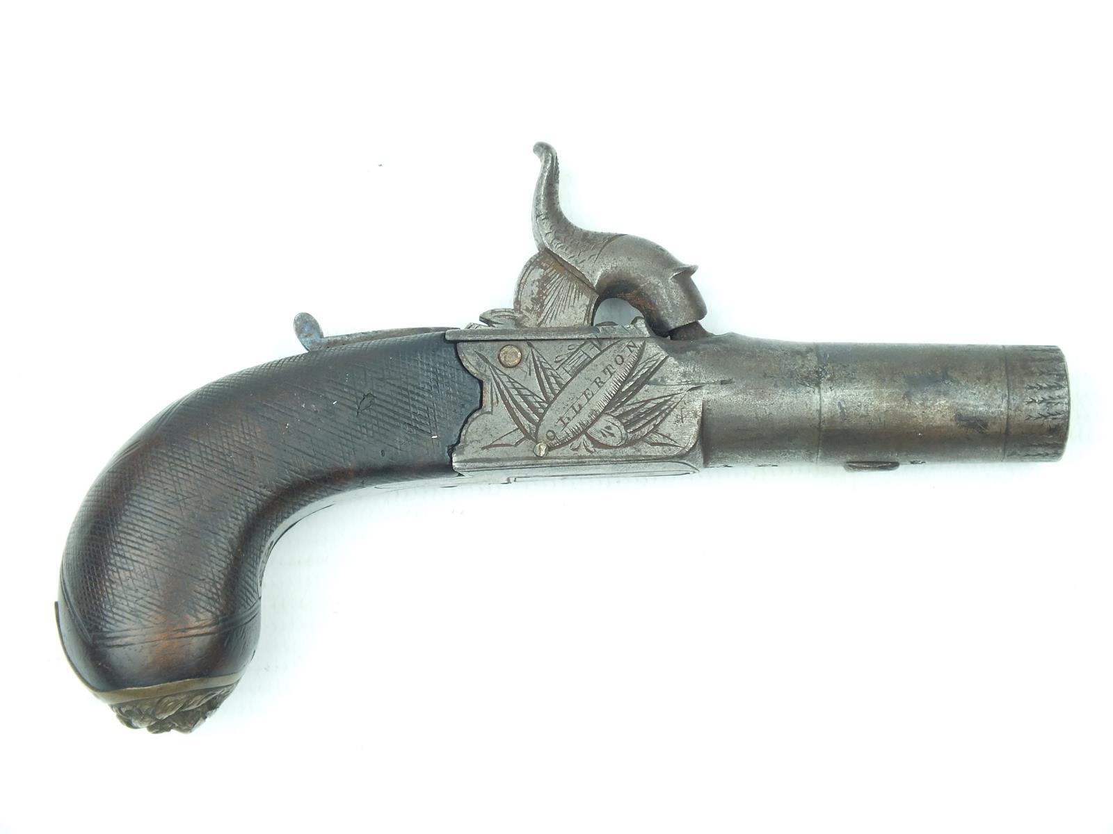 A 54-bore percussion pocket pistol by Manalu of Ollerton, 1.5inch turn-off barrel, border engraved