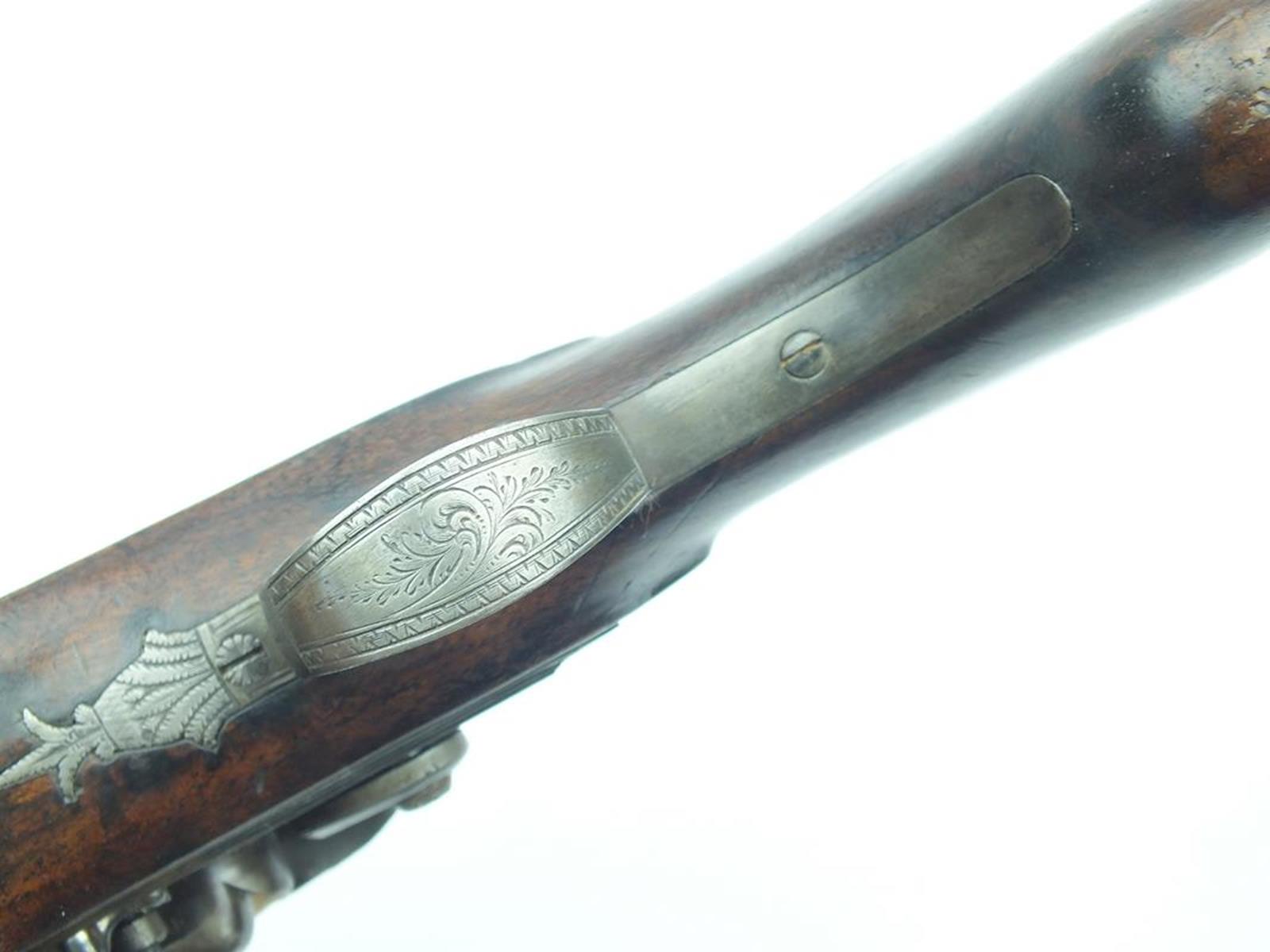 A flintlock travelling pistol by Durs Egg, 4 inch sighted octagonal browned damascus barrel signed - Image 5 of 9