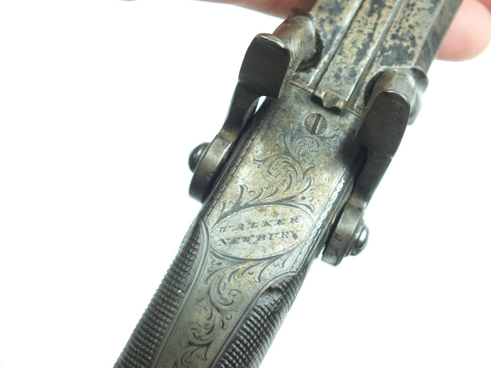 A 54-bore double barrelled percussion travelling pistol by Walker, 4inch sighted barrels, engraved - Image 9 of 16