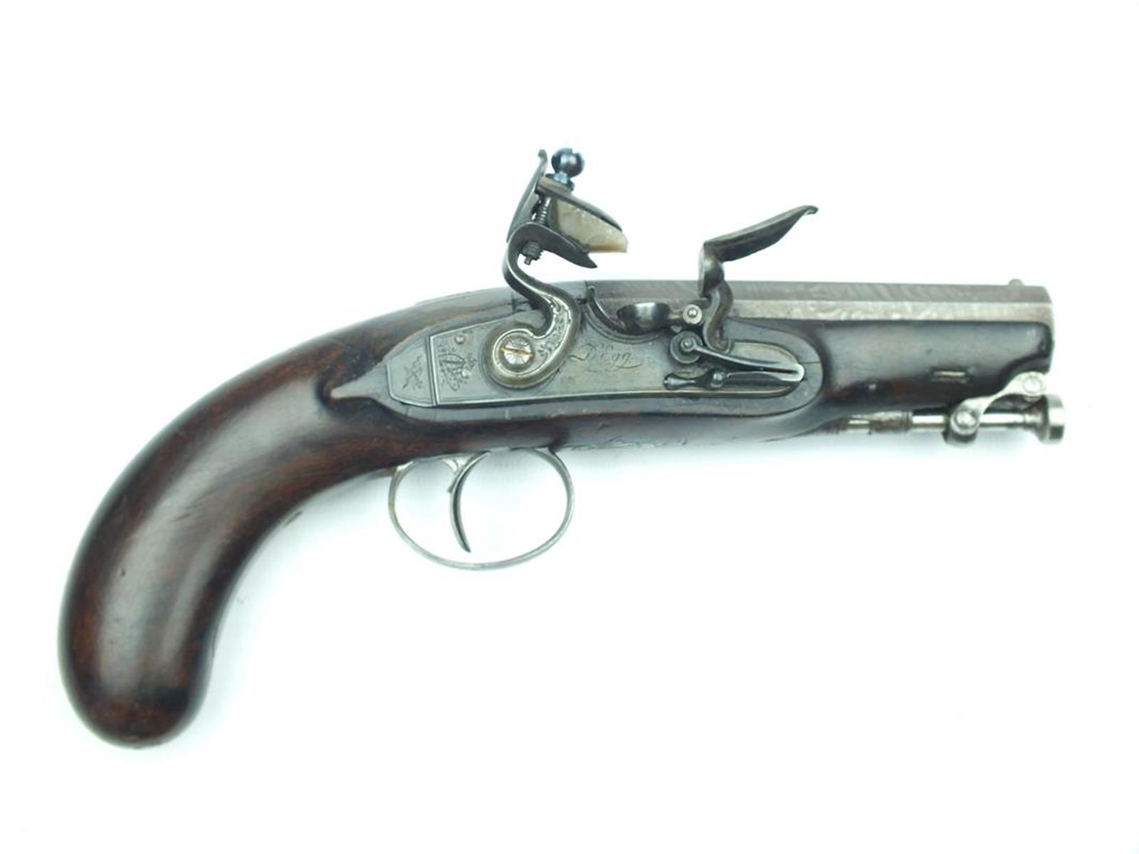 A flintlock travelling pistol by Durs Egg, 4 inch sighted octagonal browned damascus barrel signed