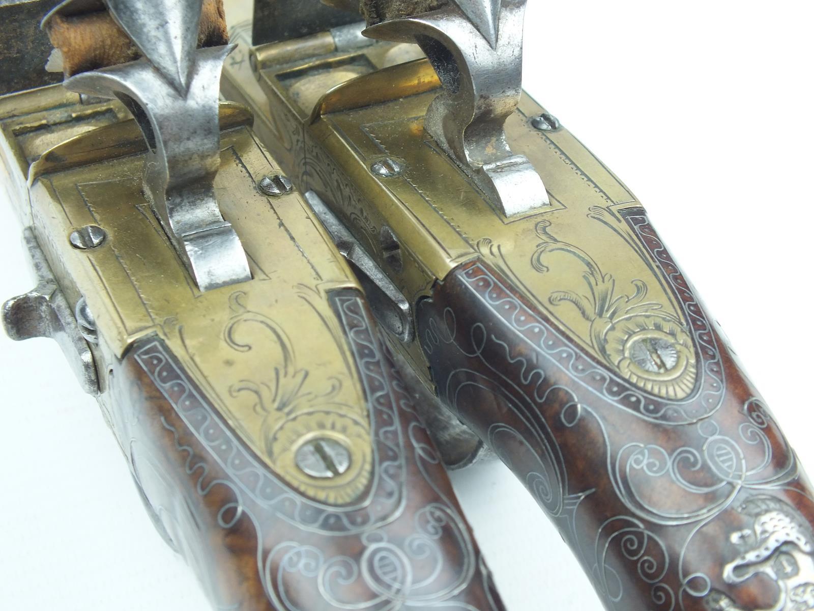 A fine pair of brass 54-bore flintlock Queen Anne double barrelled silver mounted coaching pistols - Image 6 of 13