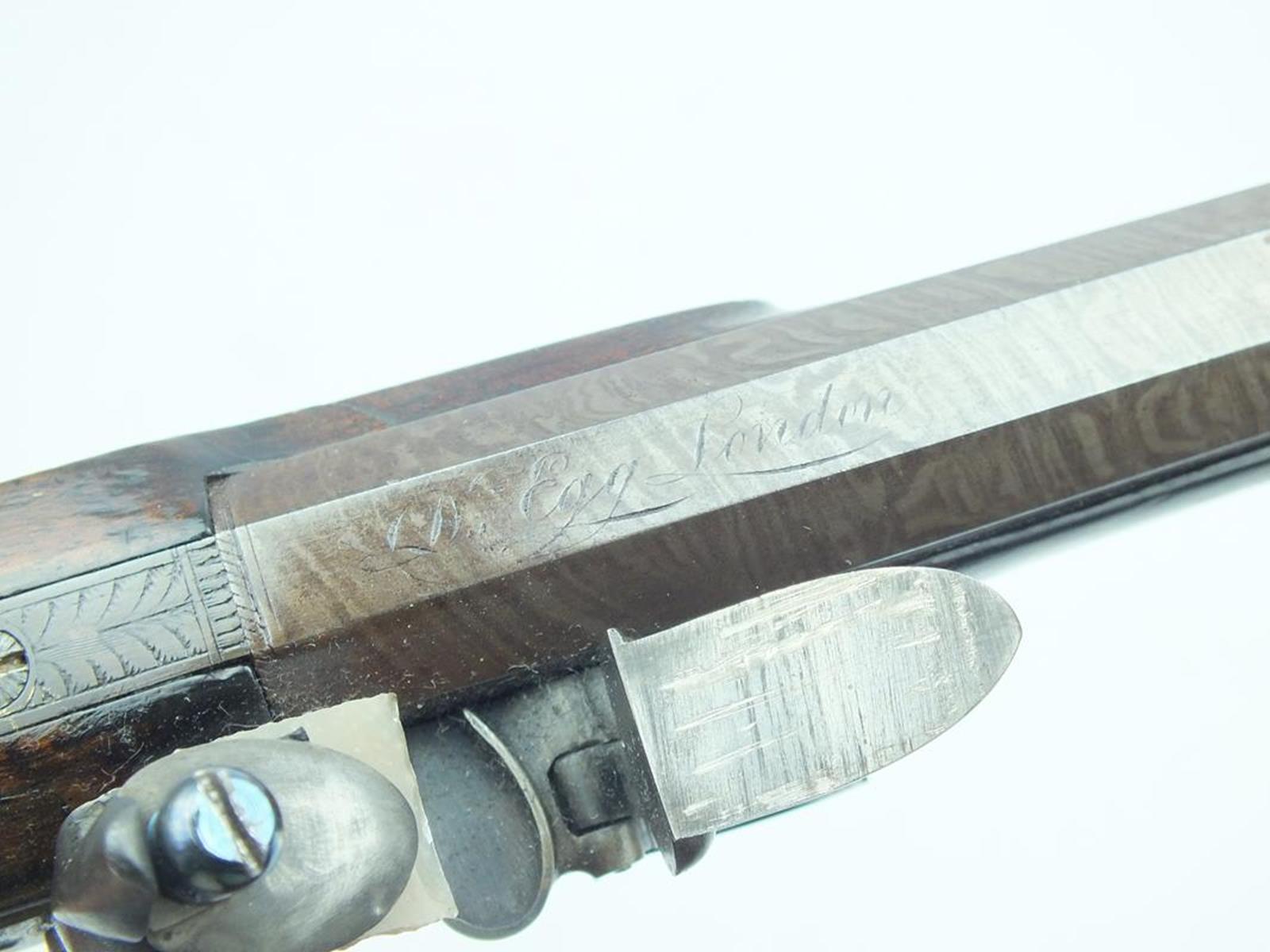 A flintlock travelling pistol by Durs Egg, 4 inch sighted octagonal browned damascus barrel signed - Image 8 of 9