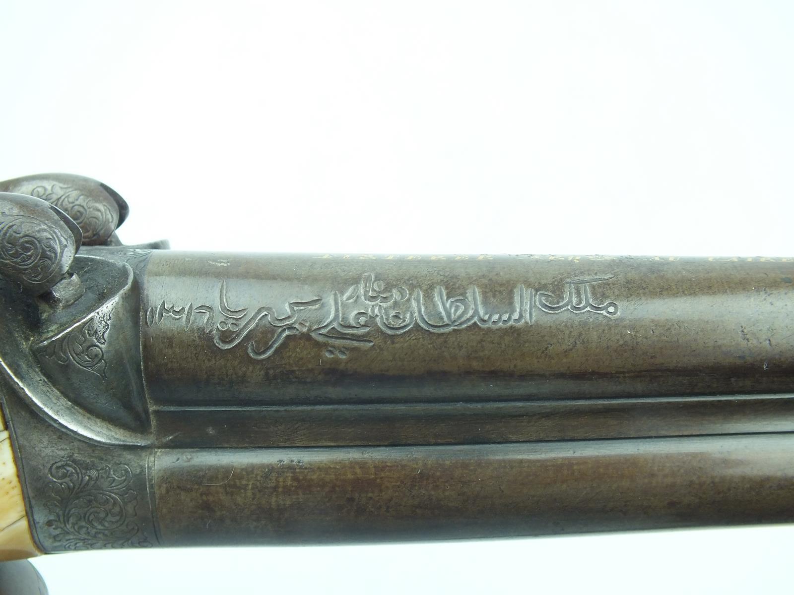 An interesting 16-bore percussion over and under howdah pistol with Sultan of Darfur inscription, - Image 5 of 10