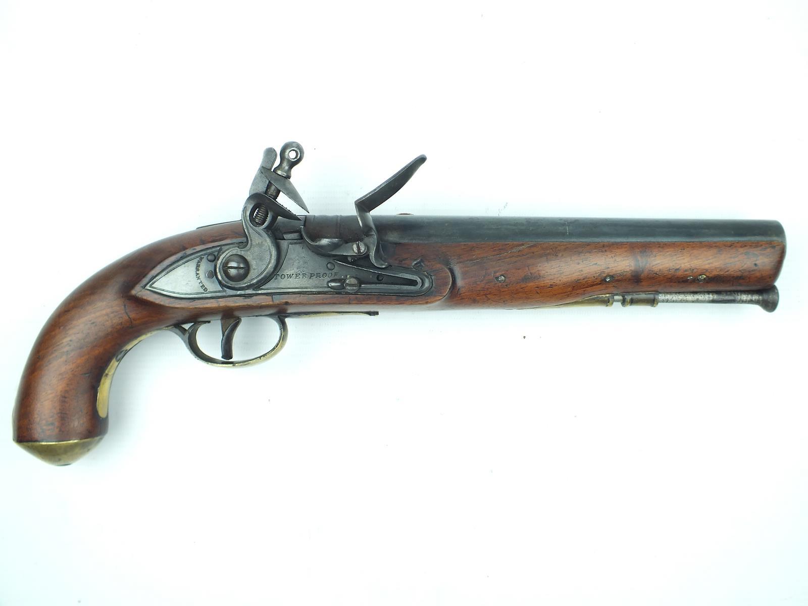 A flintlock Heavy Dragoon service pistol of musket bore, 9inch barrel, border engraved lock