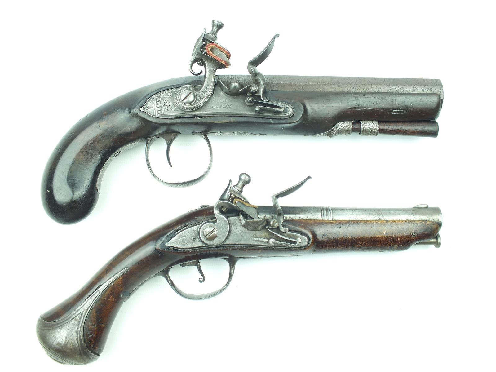 A flintlock travelling pistol by Harvey, 6inch sighted octagonal barrel, signed stepped lock with