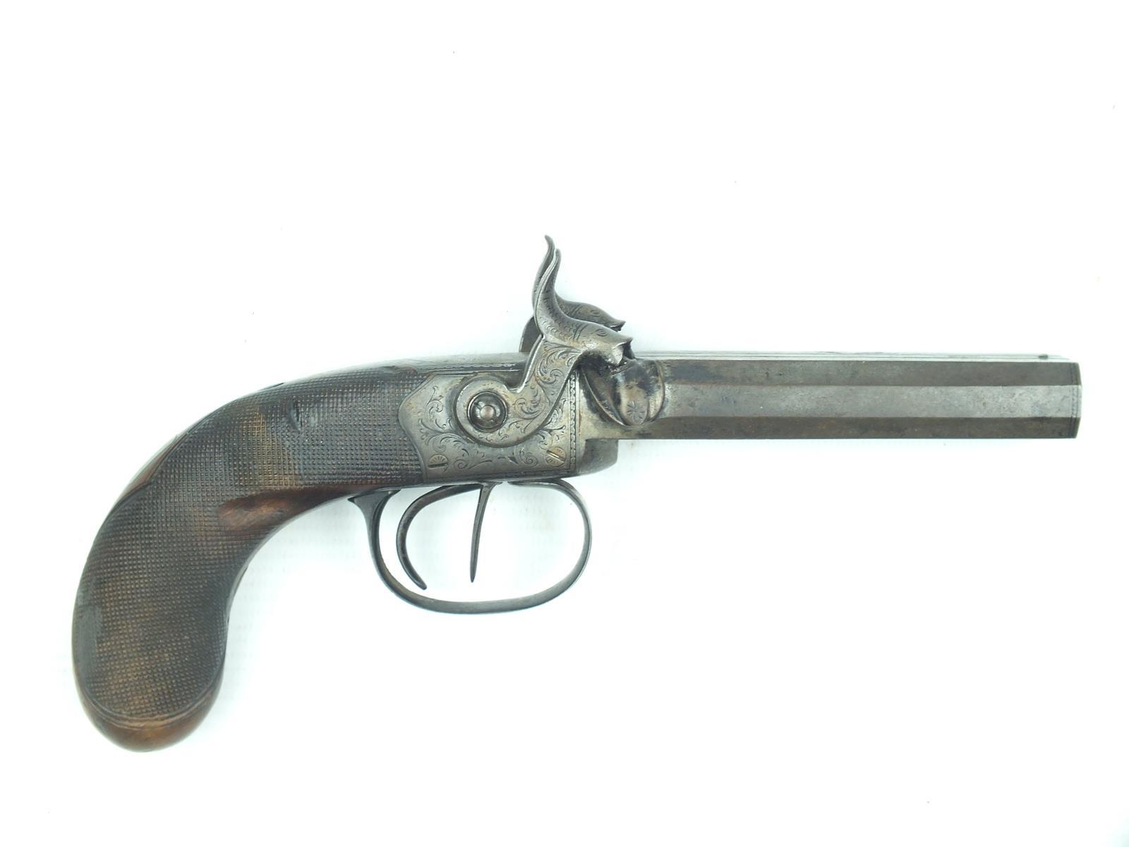 A 54-bore double barrelled percussion travelling pistol by Walker, 4inch sighted barrels, engraved