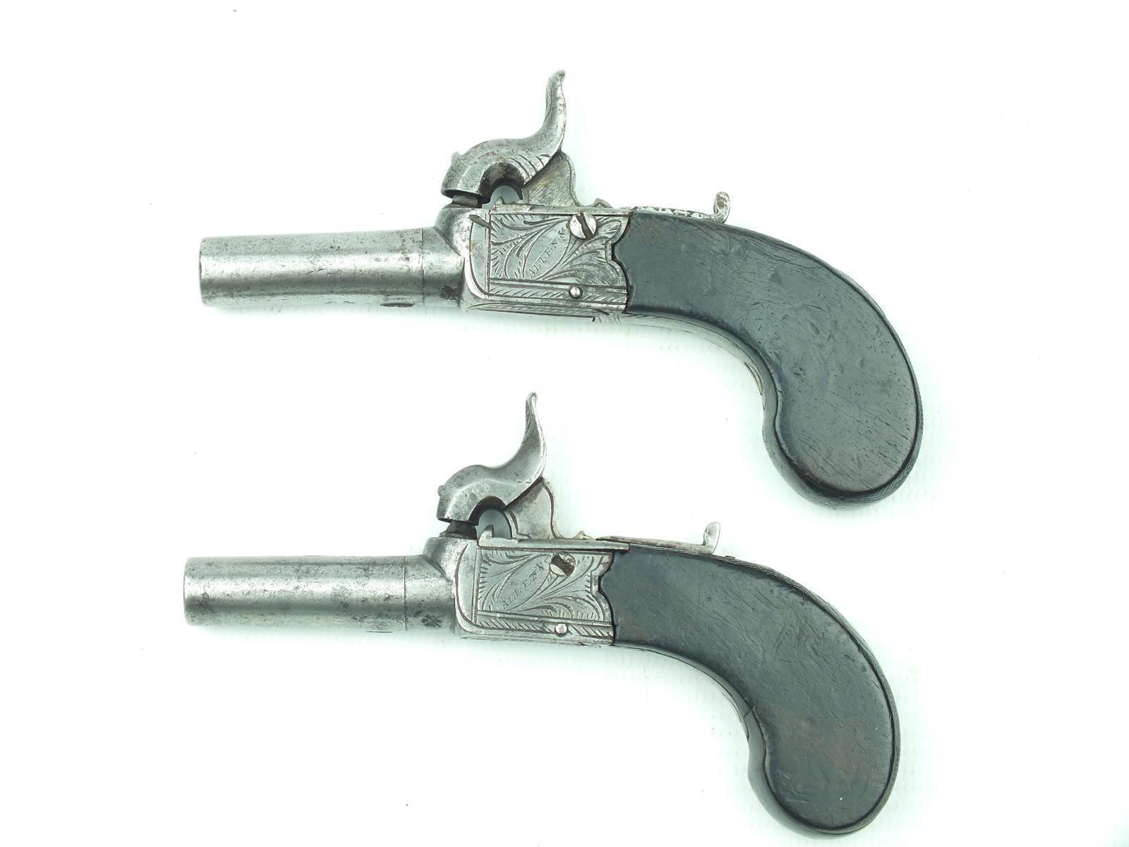 A pair of .30cal percussion muff pistols by Allen of London, 1.5inch turn-off barrels, border and - Image 2 of 14