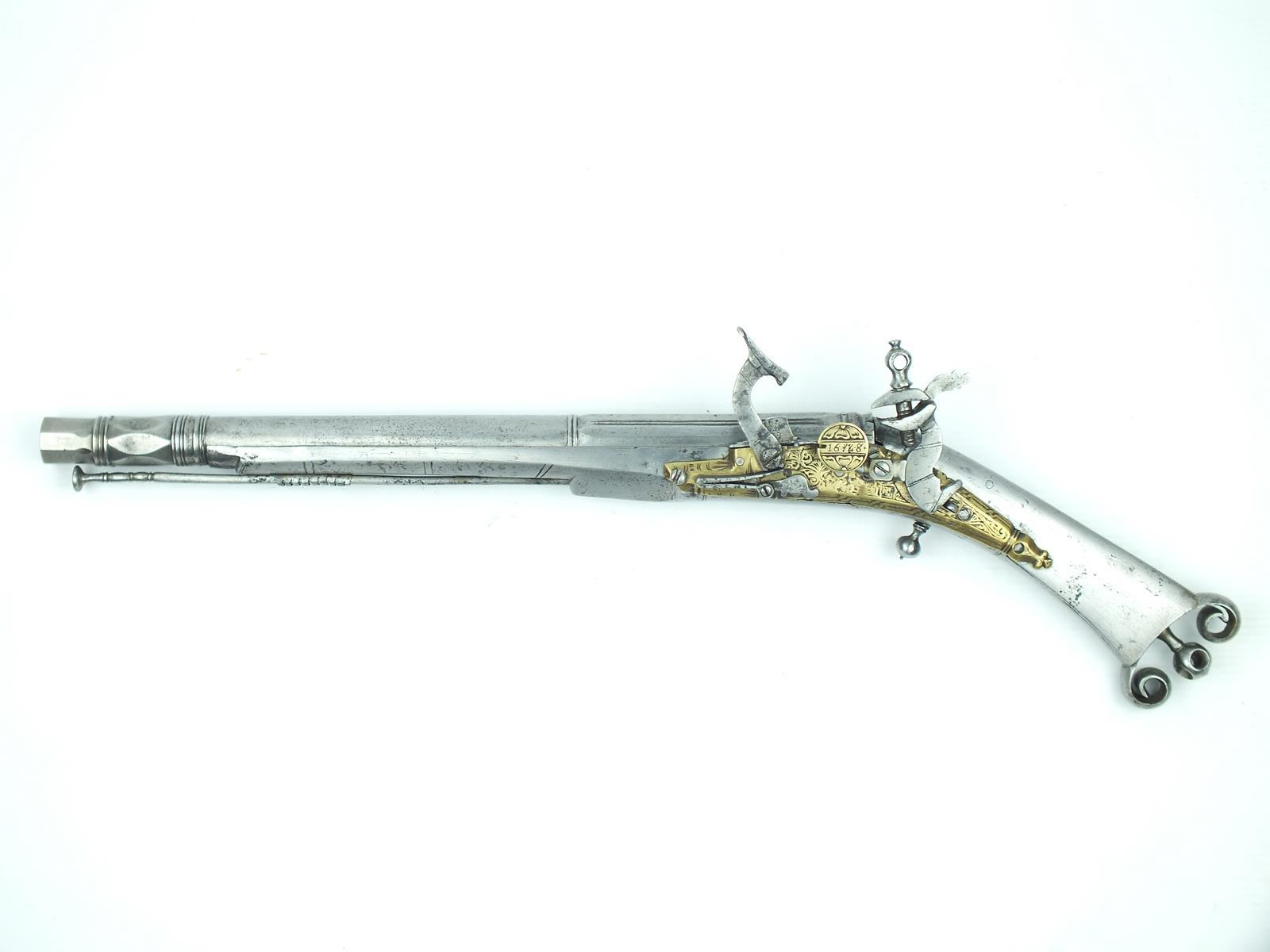 A fine and rare 17th Century left handed snaphaunce Scottish belt pistol dated 1648, 13inch four-