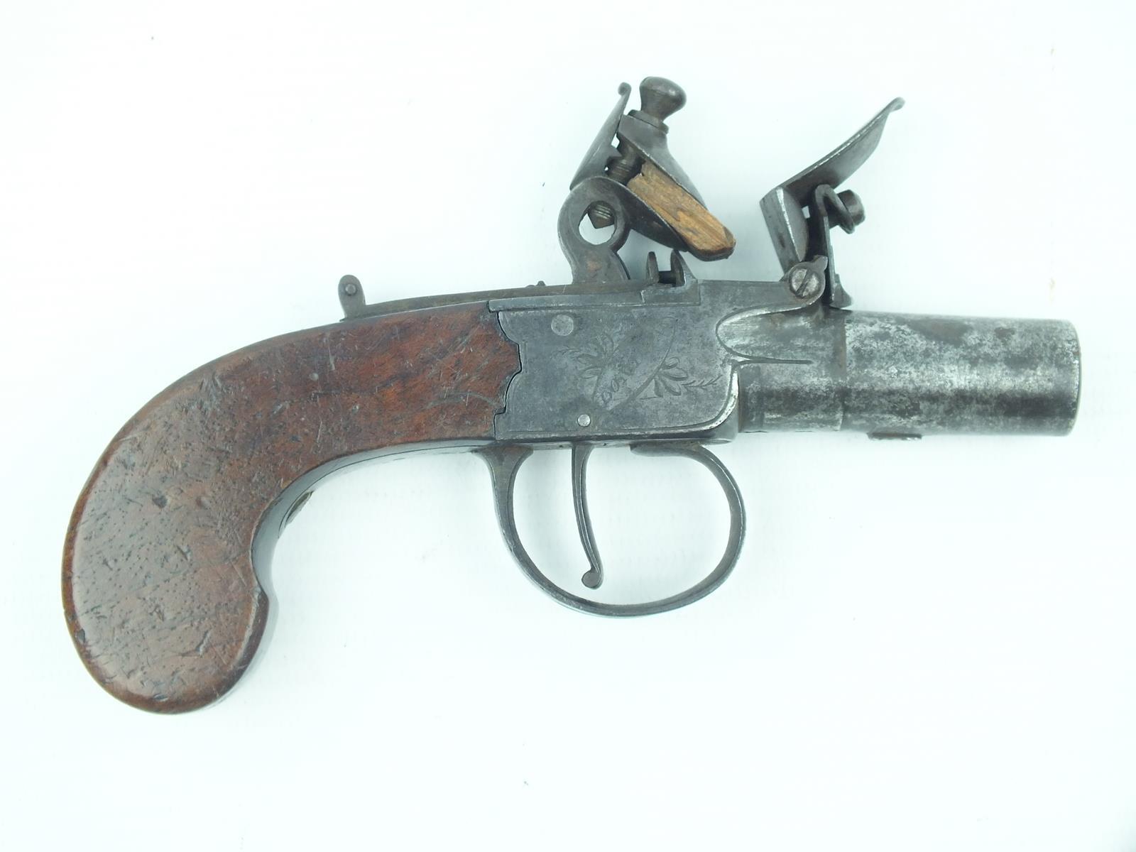 A 54-bore flintlock boxlock pocket pistol by Batey, 1.5inch turn-off barrel, border and scroll