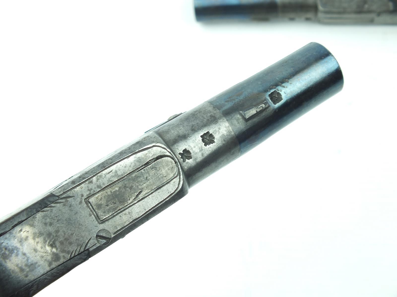 A pair of 54-bore flintlock boxlock pocket pistols, 1.5inch turn-off blued barrels, border - Image 7 of 15