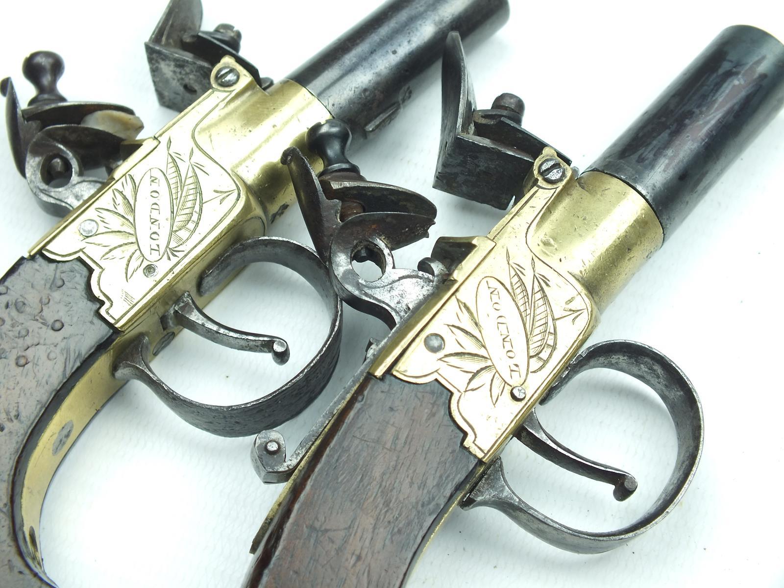 A pair of flintlock boxlock pocket pistols signed Mortimer, 1.75inch turn-off barrels, border - Image 5 of 10