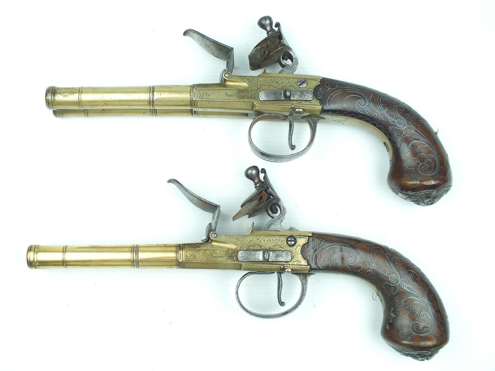 A fine pair of brass 54-bore flintlock Queen Anne double barrelled silver mounted coaching pistols - Image 3 of 13