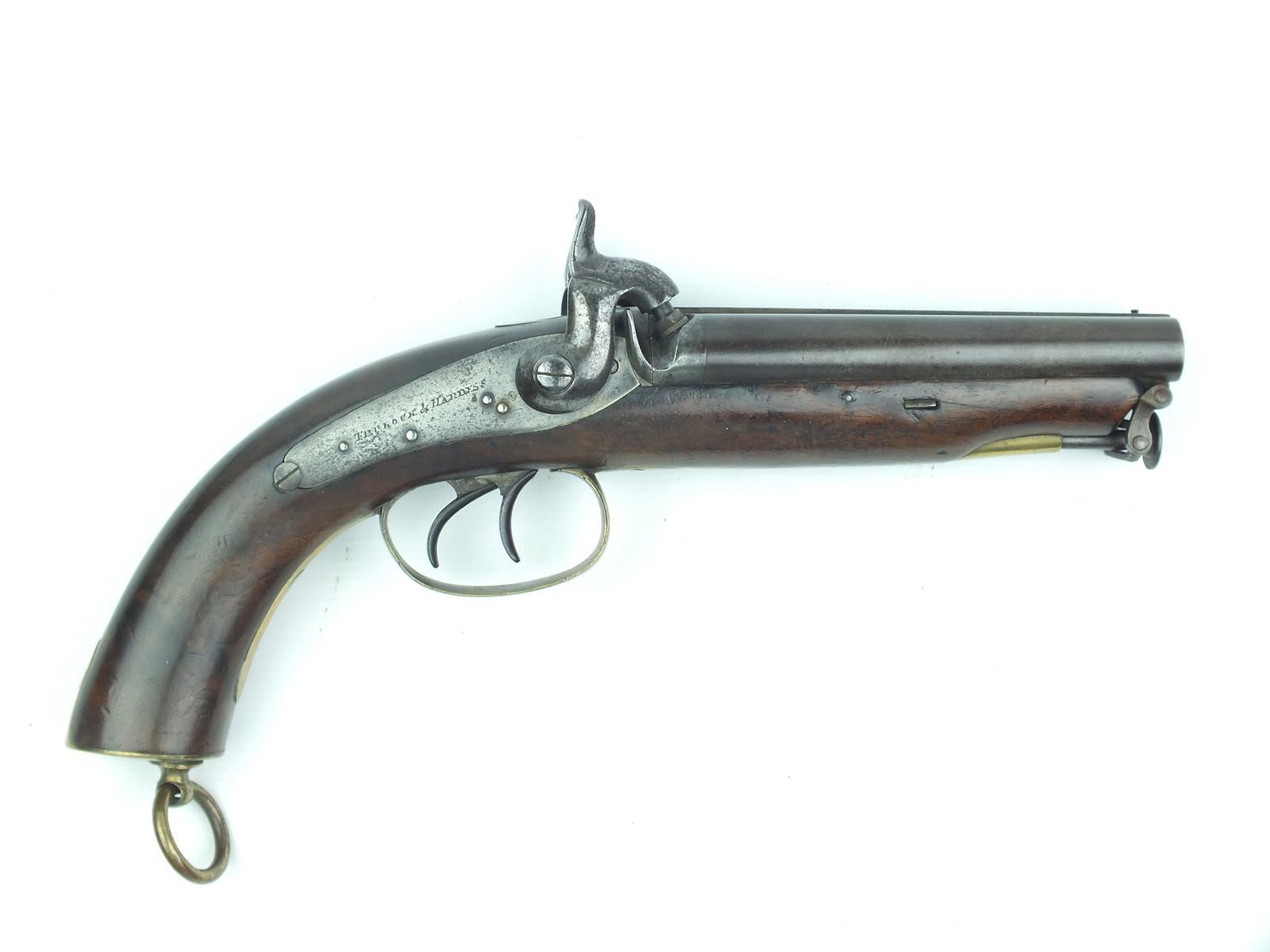 An Irish .577 double barrelled percussion Officer's or howdah pistol by Trulock & Harris, 6inch