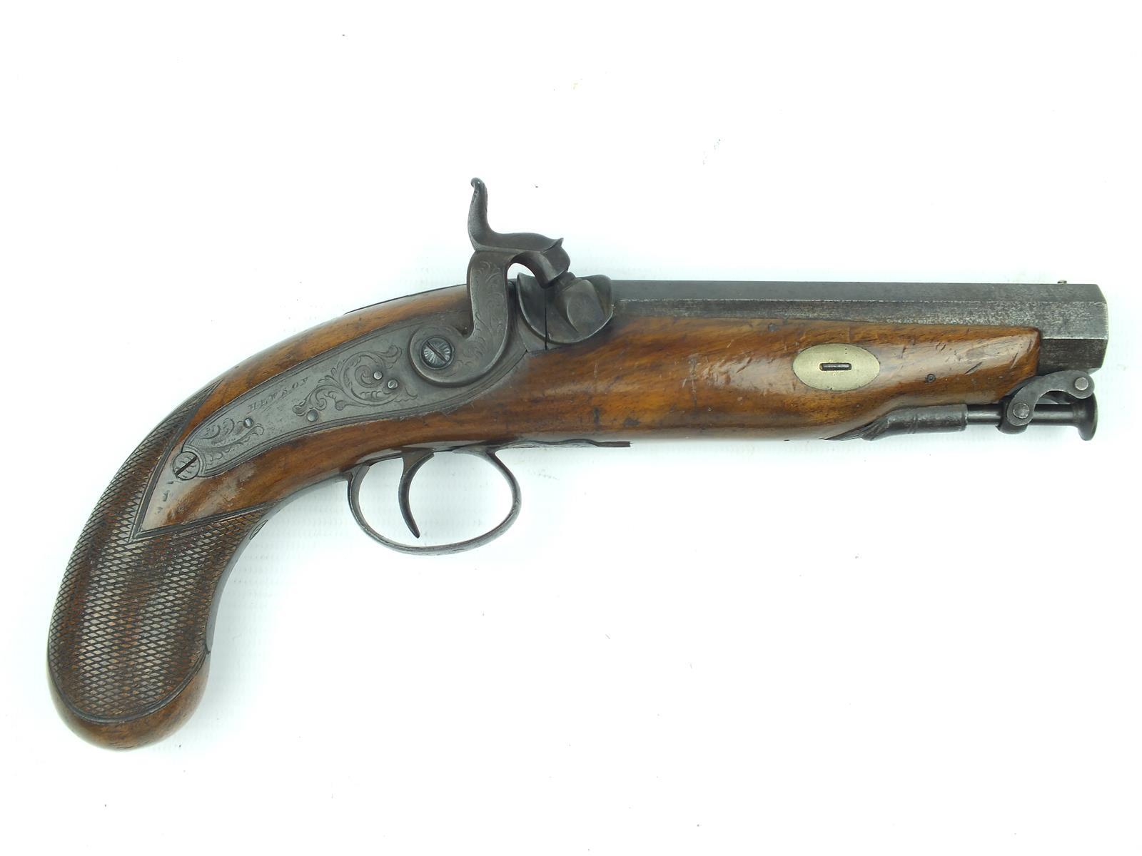 A 16-bore percussion travelling pistol by Hewson, 5.5inch sighted octagonal barrel engraved LONDON