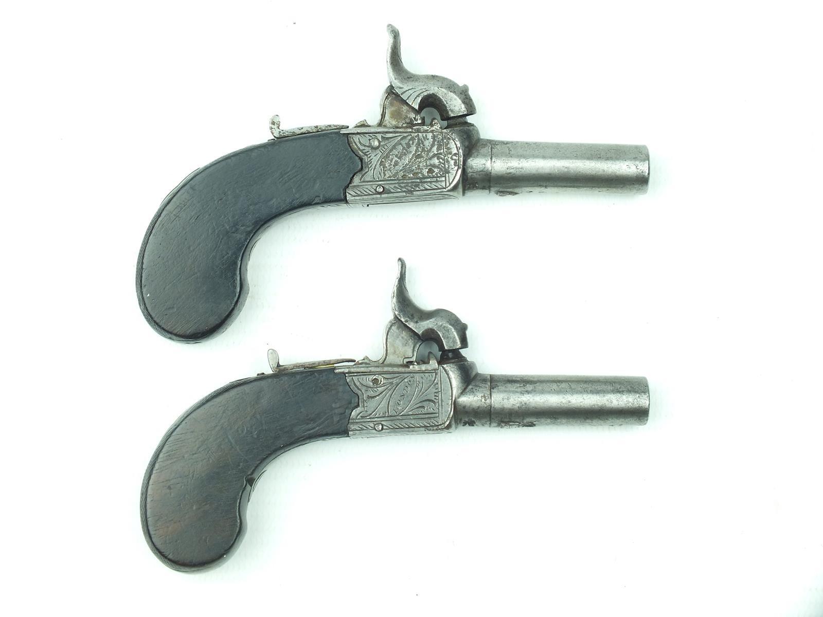 A pair of .30cal percussion muff pistols by Allen of London, 1.5inch turn-off barrels, border and