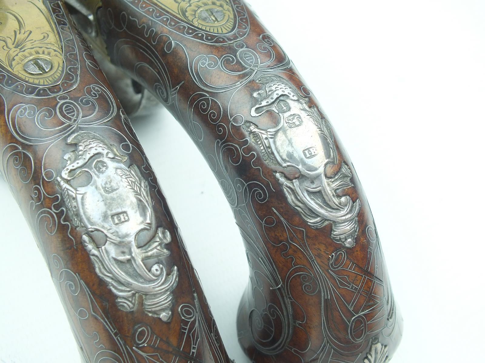 A fine pair of brass 54-bore flintlock Queen Anne double barrelled silver mounted coaching pistols - Image 5 of 13