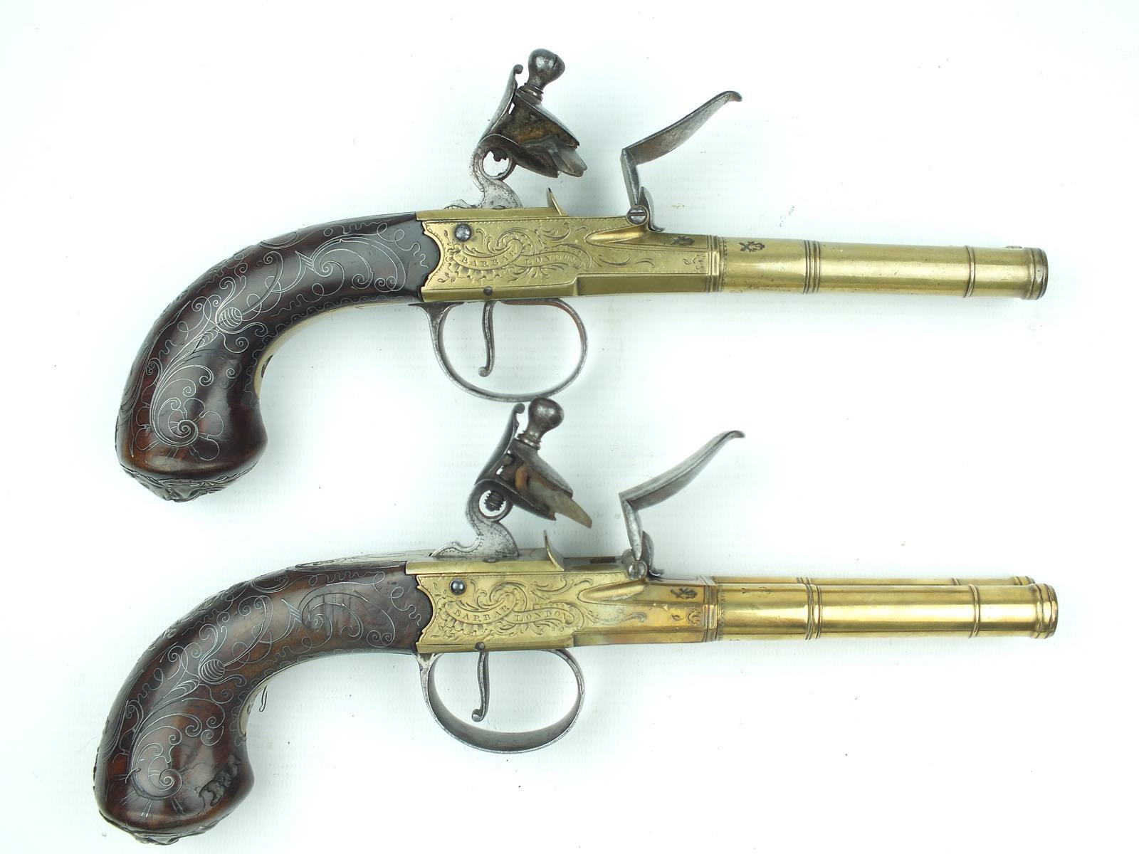 A fine pair of brass 54-bore flintlock Queen Anne double barrelled silver mounted coaching pistols - Image 2 of 13