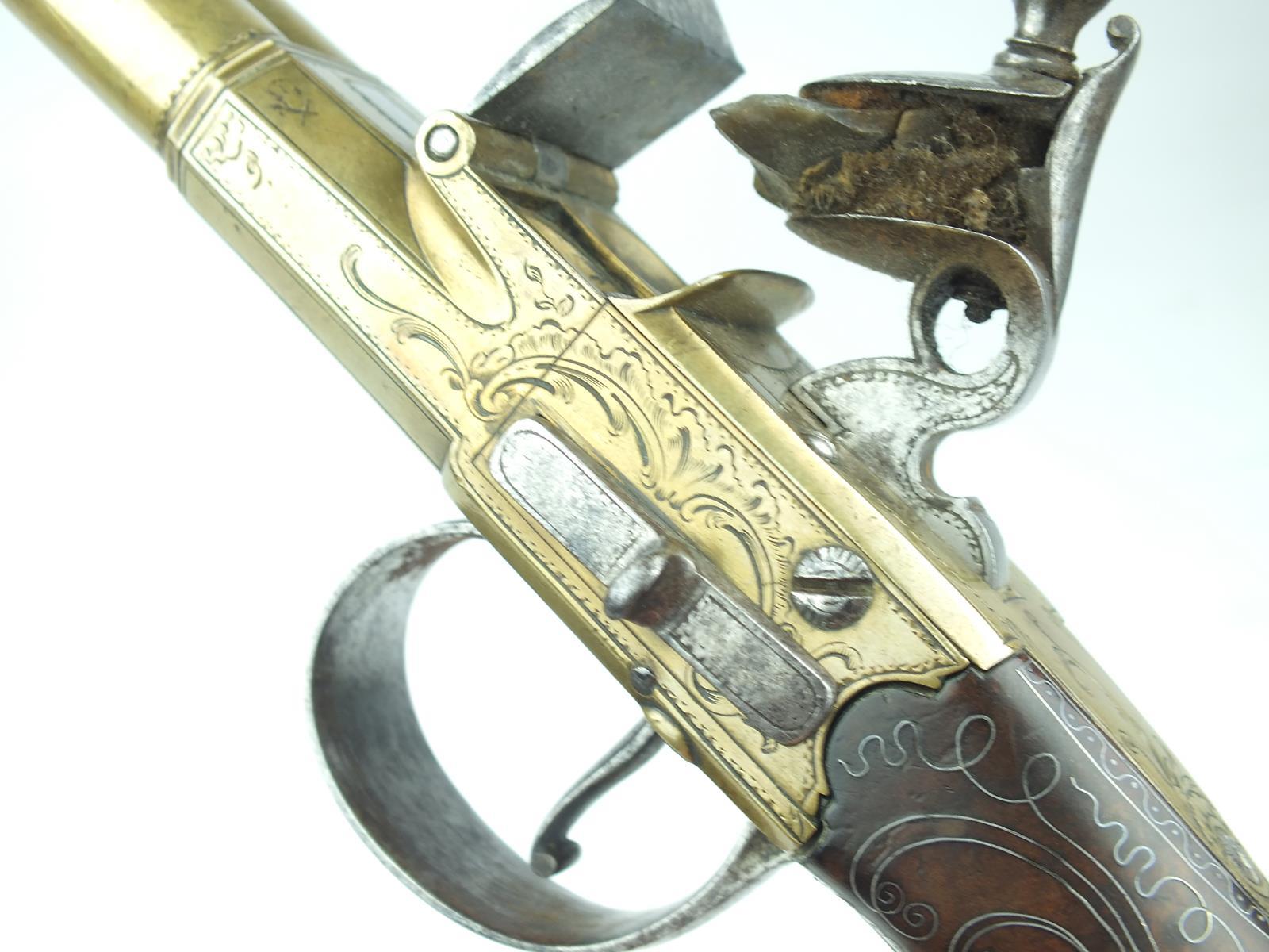 A fine pair of brass 54-bore flintlock Queen Anne double barrelled silver mounted coaching pistols - Image 9 of 13