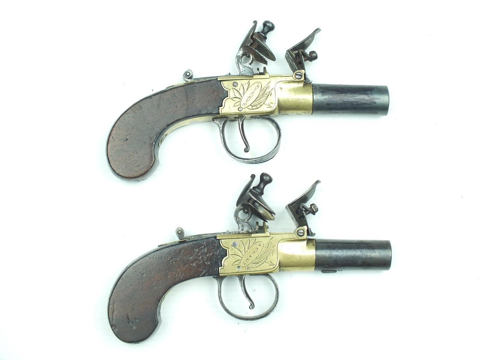 A pair of flintlock boxlock pocket pistols signed Mortimer, 1.75inch turn-off barrels, border