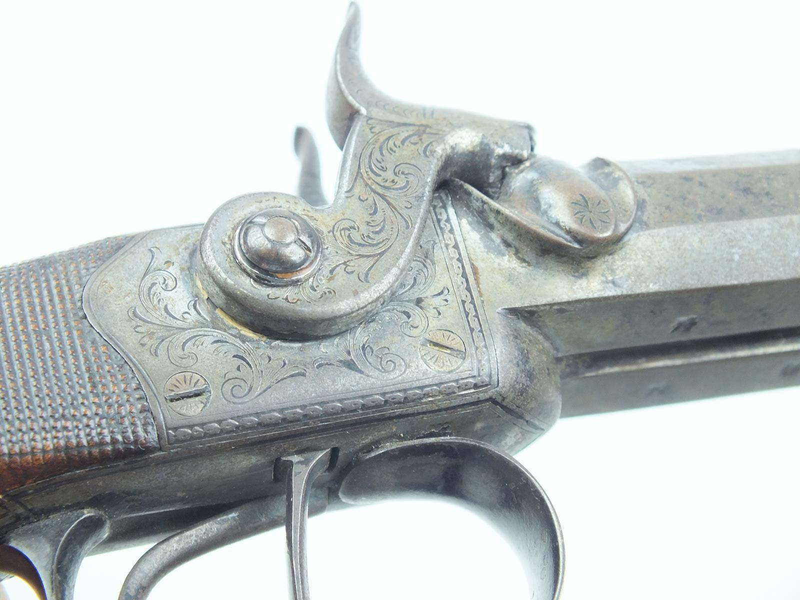 A 54-bore double barrelled percussion travelling pistol by Walker, 4inch sighted barrels, engraved - Image 7 of 16