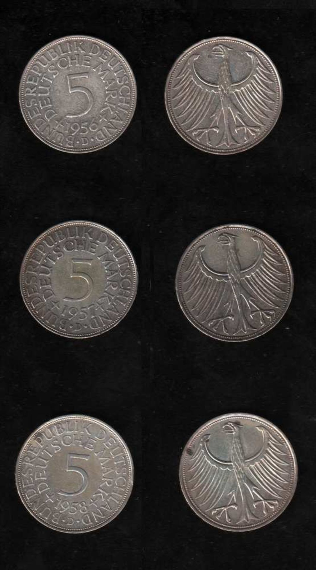 # Deutschland. 73 Silbermünzen zu 5 DM. Kursmünzen. 1951 - 1974. Vorderseiten der 5 DM - Münzen: