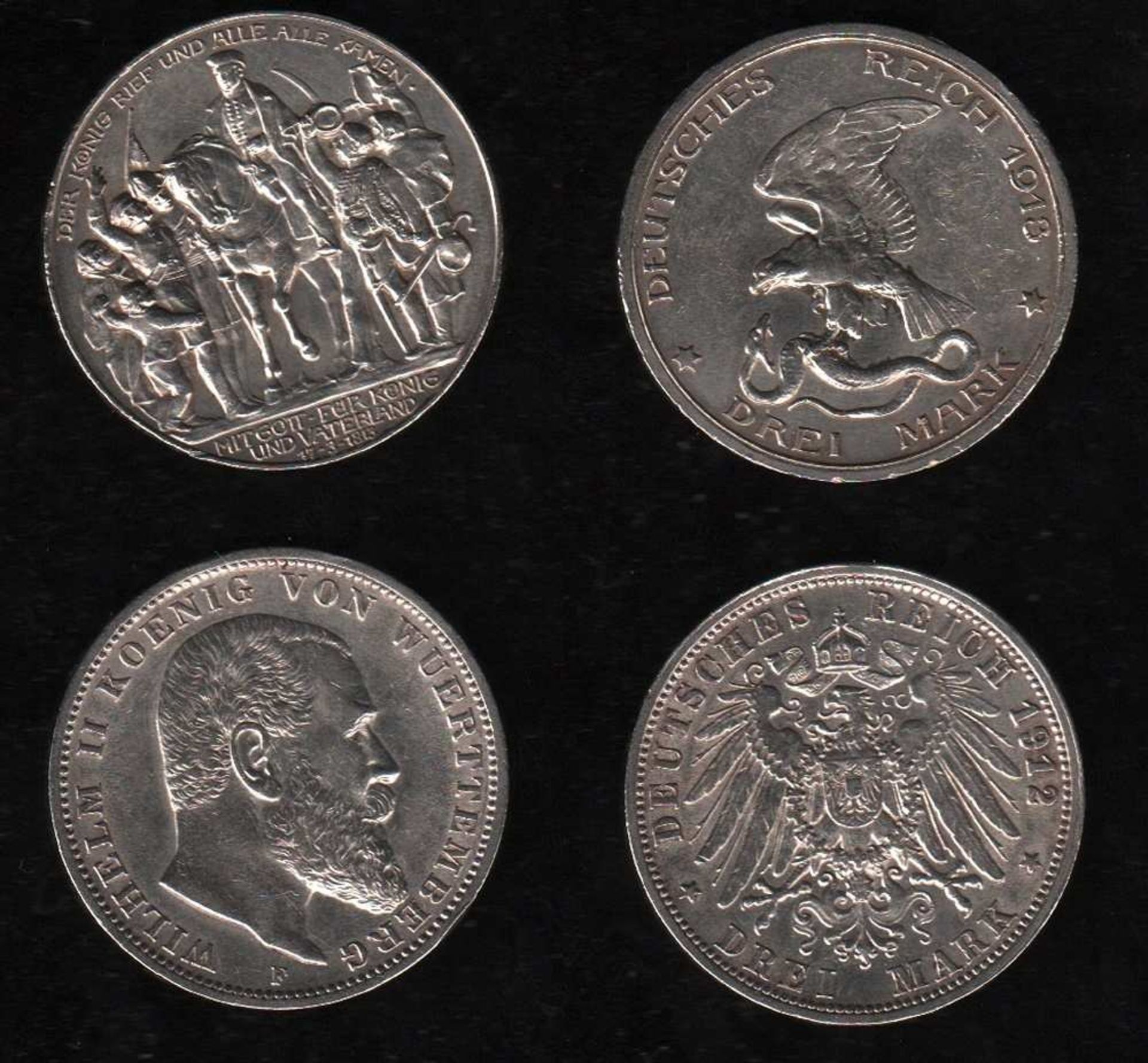 # Deutsches Reich. Silbermünze. 3 Mark. Wilhelm II., König von Württemberg. F 1912. Vorderseite: