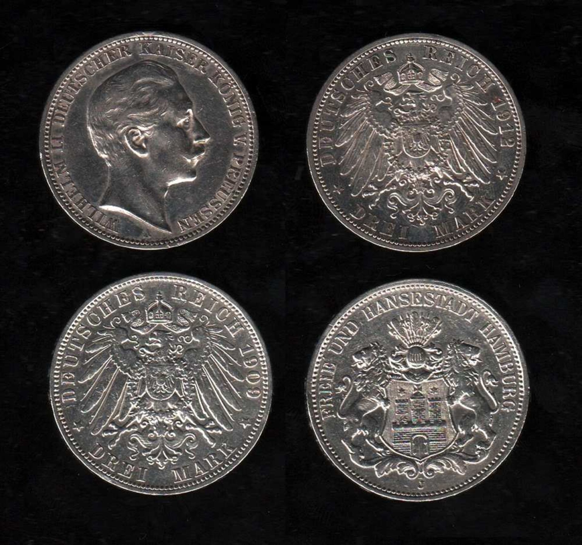 # Deutsches Reich. Silbermünze. 3 Mark. Freie und Hansestadt Hamburg. J 1909. Vorderseite: Wappen