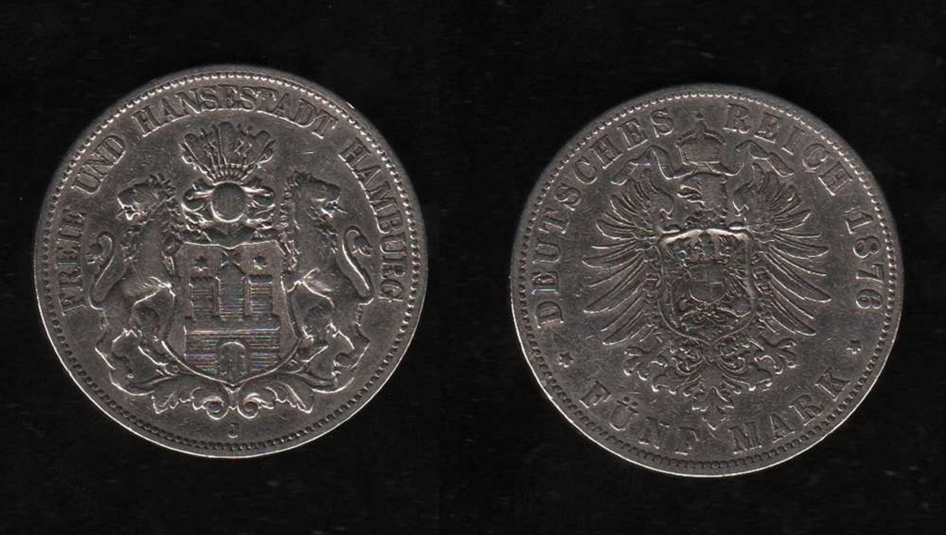 # Deutsches Reich. Silbermünze. 5 Mark. Freie und Hansestadt Hamburg. J 1876. Vorderseite: