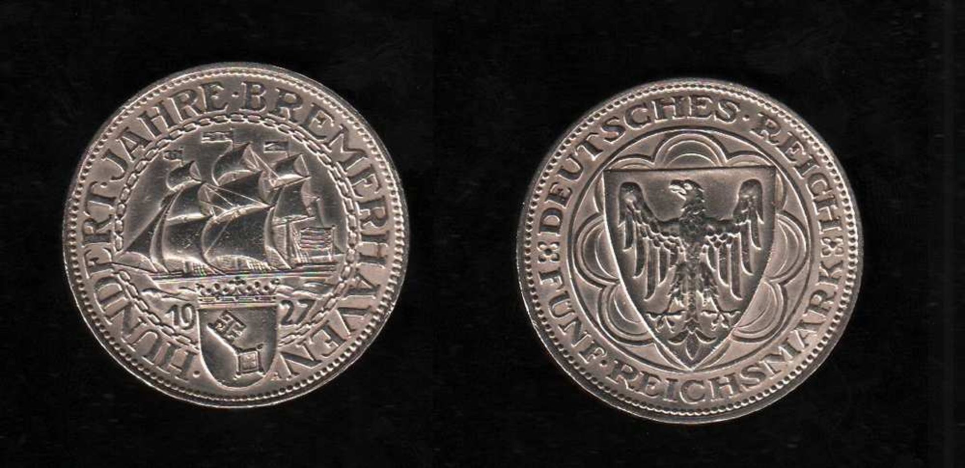 # Deutsches Reich. Silbermünze. 5 Reichsmark. Hundert Jahre Bremerhaven. A 1927. Vorderseite: