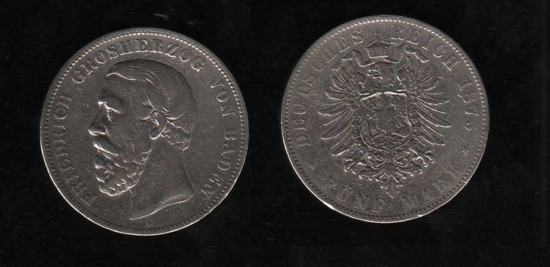 # Deutsches Reich. Silbermünze. 5 Mark. Friedrich I., Großherzog von Baden. G 1875. Vorderseite: