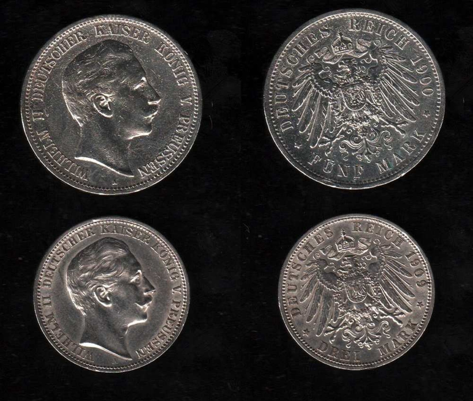 # Deutsches Reich. 2 Silbermünzen. 3 und 5 Mark. Wilhelm II., Deutscher Kaiser. A 1900 und 1909.