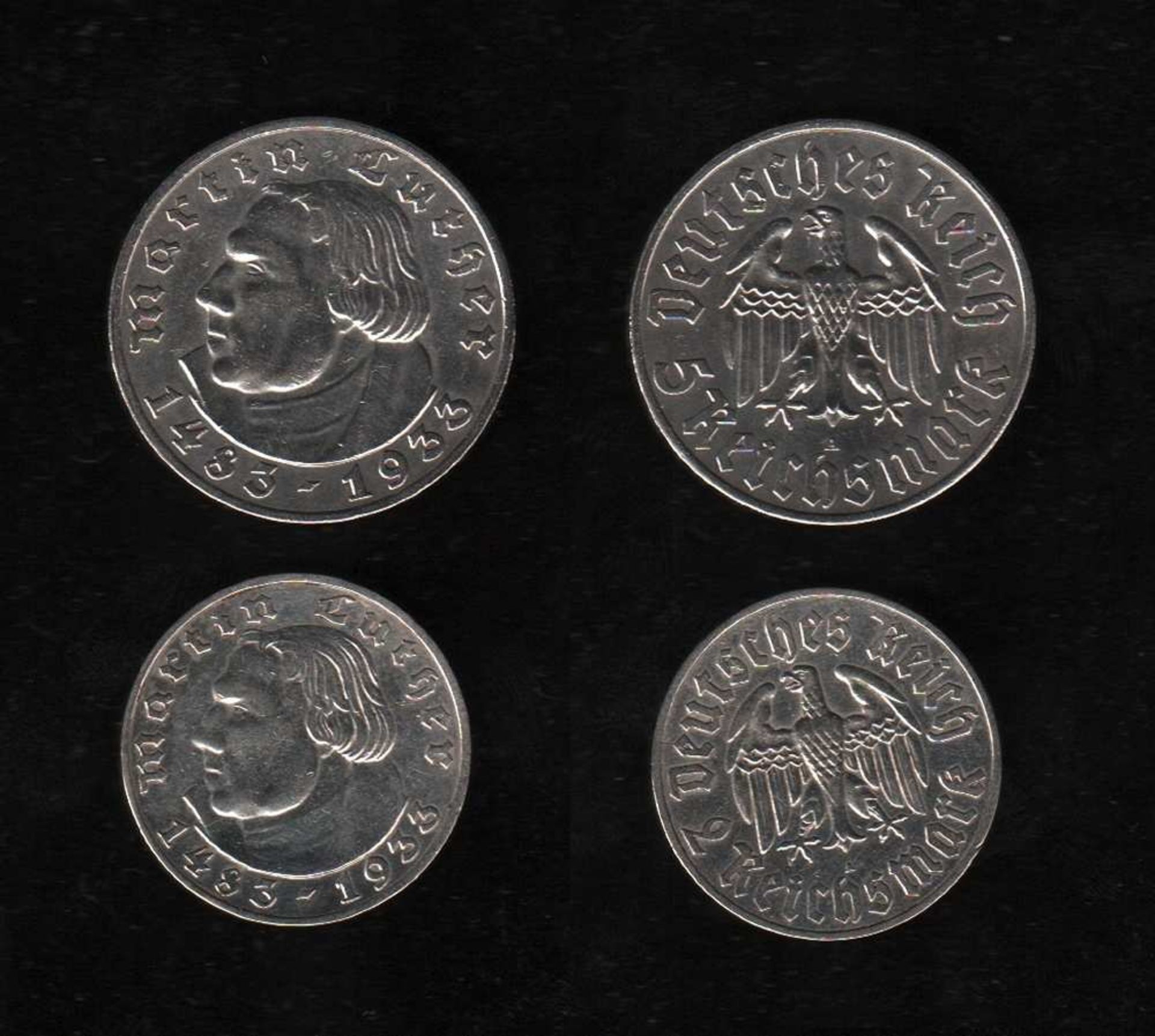 # Deutsches Reich. 2 Silbermünzen. 2 und 5 Reichsmark. 450. Geburtstag von Martin Luther. A 1933.