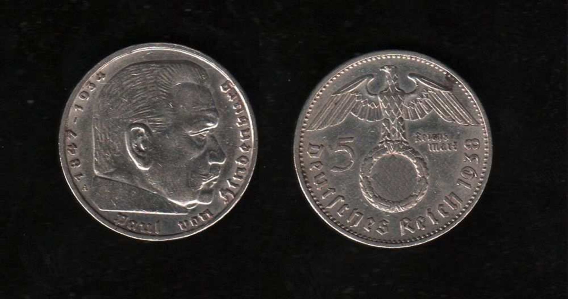 # Deutsches Reich. 10 Silbermünzen zu 5 Reichsmark. Paul von Hindenburg. 1935 - 1938. Vorderseite: