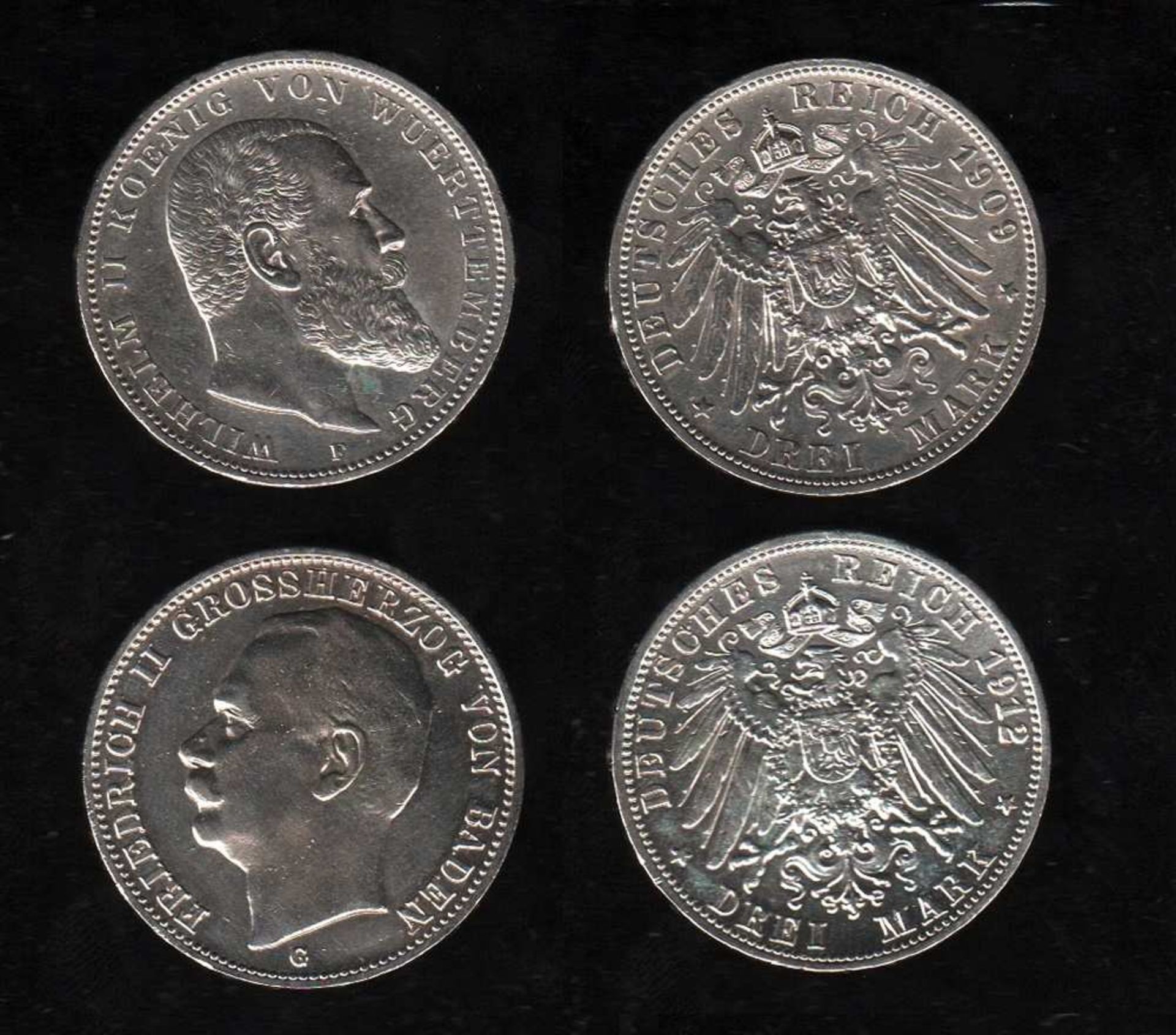 # Deutsches Reich. Silbermünze. 3 Mark. Wilhelm II., König von Württemberg. F 1909. Vorderseite: