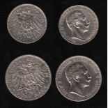 # Deutsches Reich. 2 Silbermünzen. 3 und 5 Mark. Wilhelm II., Deutscher Kaiser. A 1911 und A 1908.
