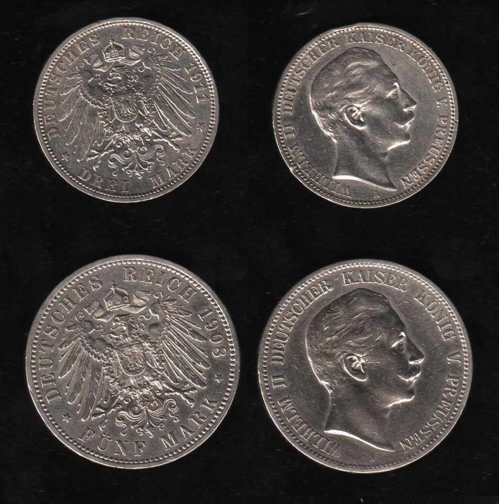 # Deutsches Reich. 2 Silbermünzen. 3 und 5 Mark. Wilhelm II., Deutscher Kaiser. A 1911 und A 1908.