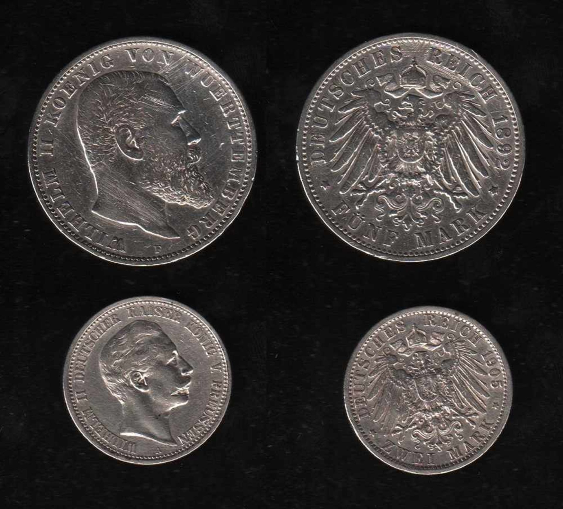 # Deutsches Reich. Silbermünze. 5 Mark. Wilhelm II., König von Württemberg. F 1892. Vorderseite: