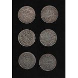 # Deutsches Reich. 10 Silbermünzen zu 1 Mark. Kursmünzen. 1874 - 1915. Vorderseite: Gekrönter